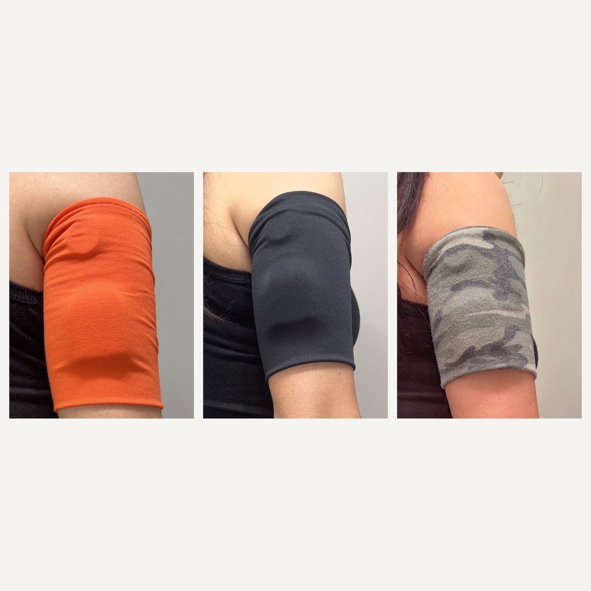 Fall 3-pack: Orange, Black and Green Camo cozy pod bands, each worn on the upper arm over a pod