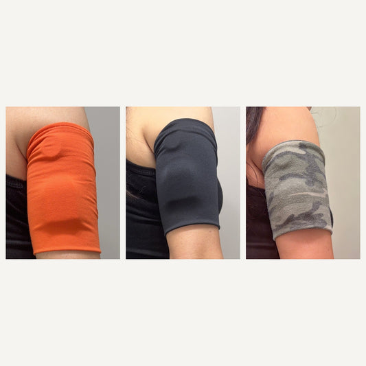 Fall 3-pack: Orange, Black and Green Camo cozy pod bands, each worn on the upper arm over a pod
