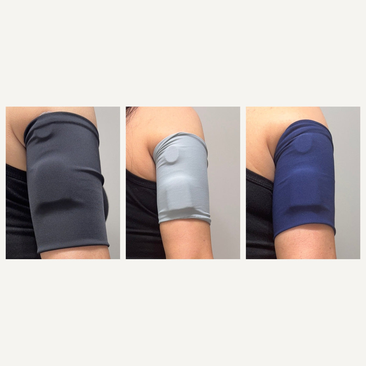 Sport Basics 3-pack: Black, Grey and Navy smooth knit pod bands, each worn on the upper arm over a pod